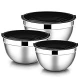 E-far Mixing Bowls with Lids, 6-Piece Stainless Steel Salad Bowls Metal Nesting Bowls for Baking Cooking and Prepping, Airtight Lids & Stackable Design, Size 4.5, 3, 1.5 QT (Black)