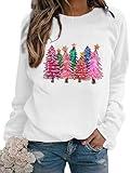 APRFLOWER Christmas Sweatshirts Women Colorful Christmas Tree Graphic Shirt Xmas Holiday Party Long Sleeve Pullover Blouse White