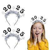 Estivaux 2 PCS Happy New Year Headbands Tiara for Women Men, Glitter Sliver Sequins Stars Headband Hair Accessories 2025 New Year Eve Headwear Boppers for New Year Party Decorations