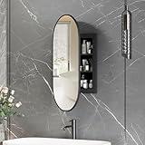 Mepplzian Oval Medicine Cabinet Mirror for Bathroom,Recessed Black Medicine Cabinet with Mirror, Brushed Black Mirror Cabinet with 3 Storage,Metal Edge,Wall Mounted,16x31Inch