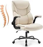 Sweetcrispy Ergonomic Office Chair Heavy Duty Task Desk Chair with Flip-up Arms, PU Leather, Adjustable Swivel Rolling Chair with Wheels, Beige