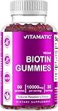 Vitamatic Biotin Gummies 10,000 mcg for Stronger Hair, Skin & Nails - 60 Vegan Gummies - Also Called Vitamin B7 (1 Bottle)