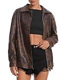 Casly Lamiit Women's Brown Leather Jacket Faux Oversized Zip Up Lapel Coat Motorcycle Bomber Jackets Fall Fashion Outfits Y2K Clothes Plus Size 2XL