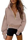 PRETTYGARDEN Women's 2025 Fall Hooded Sweatshirts Long Sleeve Half Zip Cropped Hoodies Pullover Winter Fashion Clothes (Khaki,Medium)