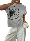 Verdusa Women's Anthropology Floral Summer Sweaters Vest Cap Sleeves Crew Neck Knit Tops Grey Black Large