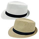 2 Pack Short Brim Fedora Classic 20s Trilby Panama Hats Summer Travel Cap for Men Women (US, Alpha, Medium, Large, White + Pale Yellow)