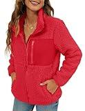 Warm Zip Up Jacket Women Faux Shearling Shaggy Full Zip Coats Warm Winter Patchwork Jackets with Pocket (Red,XL)