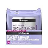 Neutrogena Night Calming Makeup Remover Face Wipes, Nighttime Cleansing Towelettes Remove Sweat, Dirt & Makeup & Calms Skin, Hypoallergenic, 100% Plant Based Cloth, Twin Pack, 2 x 25 ct