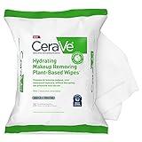 CeraVe Hydrating Facial Cleansing Makeup Remover Wipes, Plant Based Face Wipes, Biodegradable in Home Compost, Face Wash Cloth, Suitable for Sensitive Skin, Fragrance-free Non-comedogenic, 25 Count