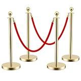 LOVMOR Stainless Steel Stanchion Post, 5 FT Red Carpet Ropes and Poles, 4 pcs Gold Stanchions with Red Rope, Hollow Base and Velvet Ropes Safety Barriers Set, Carpet Runner for Party