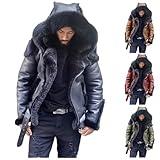 YSERB Winter Coat for Men with Hood Fur Collar Sherpa Lined Steampunk Faux Leather Jacket Motorcycle Jacket Overwear Outwear