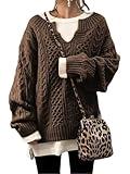 chouyatou Women's Winter Chunky V Neck Long Sleeve Loose Cable Knit Sweater Pullover (XX-Large, Brown)