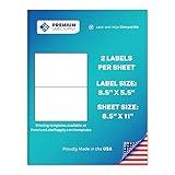 Premium Label Supply White Sticker Half Sheet Labels – 8.5" x 5.5" – Laser/Inkjet Compatible – (2 Labels/Sheet), 25 Sheets - 50 Total Adhesive Labels