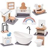 HAPGFS Wooden Dollhouse Furniture Set Elegant Kid’s Room & Bathroom Doll House Accessories, Premium Wood Toys for 3-6 Year Olds, Dollhouse Decor Set for Girls & Boys Birthday Christmas