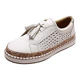 JEUROT Womens Slip On Loafers Comfortable Thick Soft Platform Sneakers Arch Support Casual Shoes Breathable Tassels Walking Sneakers Lace-Up Low Top Wedges Shoes (White, 6)