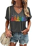 Womens Christmas Colorful Tree V Neck T Shirt Funny Xmas Graphic Short Sleeve Tee Winter Holiday Shirt(XL,Grey-Tree)