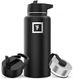 IRON °FLASK Camping & Hiking Hydration Flask with 3 Lids - Stainless Steel, Double Walled & Vacuum Insulated Water Bottle - Leak Proof & BPA Free (Midnight Black, Straw - 32 oz)