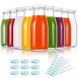 YEBODA 11oz Glass Milk Bottles with Reusable Metal Twist Lids and Straws for Beverage Glassware and Drinkware Parties, Weddings, BBQ, Picnics, Set of 9