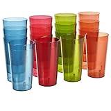 US Acrylic Cafe Plastic Reusable Tumblers (Set of 16) 20-ounce Water Cups Assorted Colors | Restaurant Style Drinking Glasses Value Set, Stackable, BPA-free, Made in the USA | Top-rack Dishwasher Safe