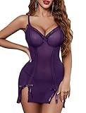 Avidlove Women Lace Lingerie Babydoll Sexy Chemise Exotic Nightgowns Bridal Nightdress Purple XX-Large