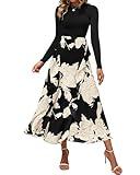 BTFBM Womens Fall Fashion 2024 Floral Maxi Dress Casual Crewneck Long Sleeve Ruffle Flowy Cocktail Wedding Guest Dresses(White Floral Black, Large)