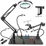 Magnetic Helping Hands with 10X Magnifying Lamp,Larger Sturdy Base,360 Hot Air Gun Holder,4 Flexible Magnetic Arms 4 PCB Holder, Lighted Magnifying Glass for Repair Solder Station.