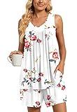 TAOHUADAO Womens Summer 2 Piece Pajama Sets, Sleeveless Pleated Tunic Tops with Comfy Shorts, Lounge Sleepwear Ladies Pjs Sets with Pockets XL, Floral White