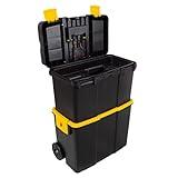 Portable Tool Box with Wheels - Stackable 2-in-1 Tool Chest with Fold-Down Comfort Handles, Tough Latches, and Removable Storage Trays by Stalwart, Black/Yellow