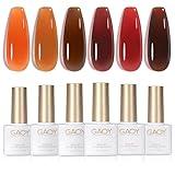 GAOY Jelly Tortoise Brown Gel Nail Polish Set, 6 Transparent Colors Dark Red Orange Pumpkin Soak Off UV Light Cure Gel Polish Kit for Salon and Nail Art DIY at Home