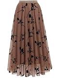 kydely Skirts for Women Tulle Midi Long Length Pleated Skirt Summer A-Line Floral Dressy Trendy High Waist Flowy Skirts Khaki S-M