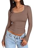 Trendy Queen Womens Long Sleeve Shirts Crop Tops Basic Tight Slim Fit Y2K T Shirts Winter Clothes 2024 Coffee Grey S