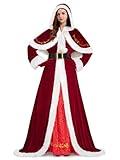 FancyFun 4 Pieces Mrs Claus Costume for Women, Adult Santa Costumes Claus Dress Christmas Outfit with Hooded Cape Gloves Belt XL Red