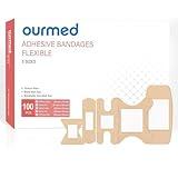 Ourmed Flexible Assorted Bandages Variety Pack 100 Pieces, Fingertip Bandages for First Aid, Slight Cuts, Scrapes, Abrasion & Wounds Care,Strong Hold for 24 Hours, Non-Latex, HSA FSA Eligible.