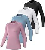 TELALEO 4 Pack Women's Compression Shirt Long Sleeve Performance Workout Baselayer Athletic Top Sports Gear-Black/White/Blue/Prule Large