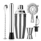 ZPUFAW 6-Piece Cocktail Shaker Set 24oz Shaker Strainer Muddler Jigger Mixing Spoon Pour Spout Bartender Kit Stainless Steel Bar Set Housewarming Gift