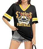 Football Shirt for Women Game Day Shirt Football Fans Mesh Tshirt Jersey V Neck Casual Short Sleeve Tops Black, Medium