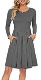 AUSELILY Women's Long Sleeve Dress Pleated Loose Swing Casual Dress with Pockets Knee Length Dresses 2024 New Dark Gray L