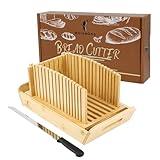 Mosomboo Bamboo Bread Slicer for Homemade Bread with Serrated Knife & Crumb Tray - Foldable Compact Bread Cutting Guide, Adjustable Bread Slicer, Bread Cutter Slicer for Homemade Bread, Cakes, Bagels