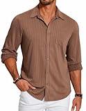 COOFANDY Men's Casual Button Down Shirt Long Sleeve Wrinkle Free Shirts Textured Stretch Shirts with Pocket Brown