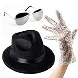 Michael Jackson Costume - Set of 3 - Fedora Hat, Sparkling Sequin Gloves and Silver Aviator Sunglass- Elegant 80’s and 90’s Themed Party Outfits