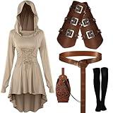 Suhine 5 Pcs Halloween Renaissance Women Costume Medieval Hooded Robe Vintage Faux Leather Arm Pouch Belt(Medium,Light Brown)