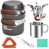 Odoland 8pcs Camping Cookware Mess Kit, Camping Pot and Pan Set with Mini Backpacking Stove, Stainless Steel Cup, Spork and Tank Bracket, Cooking Gear for Outdoor, Hiking, Picnic, Campfire, Red