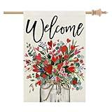 CROWNED BEAUTY Valentines Day Floral Mason Jar House Flag 28x40 Inch Double Sided Large Burlap Holiday Flag for Outside Yard CF1214-40