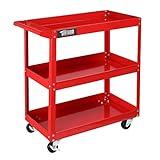 TUFFIOM 3 Tier Rolling Tool Cart, 330 Lbs Capacity, Red, 3 Shelves Steel Utility Cart for Garage, Workshop, Warehouse & Repair Shop