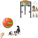 Adjustable Elevated Dog Bowl Stand Raised Food/Water Feeder Stand and Active Rolling Ball Wicked Ball Bundle