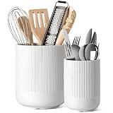 LE TAUCI Utensil Holder, 7.3"+5.4" Ceramic Kitchen Utensil Holder for Countertop, Large Cooking Utensil Crocks for Kitchen Counter, Morden Utensil Organizer for Spatula, Kitchen Decor, Set of 2, White