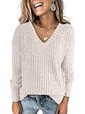 ANRABESS Long Sleeve Shirts for Women V Neck Casual Fall Tops Loose Fit Lightweight Sweaters Tunic Fashion 2024 Clothes Beige Large