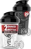 VELOMIX -2 Pack- 20 oz Protein Shaker Bottles for Protein Mixes - 2x Wire Whisk | Leak Proof Shaker Cups for Protein Shakes and Pre Workout | Protein Shaker Bottle Pack | Protein Mixer Cup