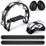 Yeshone 6 Pcs Tambourines for Adults, Hand Held Half Moon Tambourine Foot Tambourine with Bells Wood Rhythm Sticks Egg Shakers Musical Hand Percussion Instrument Set for Party Music Supplies (Black)