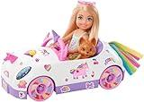 Barbie Chelsea Doll & Toy Car with Unicorn Theme, Blonde Small Doll in Removable Skirt, Pet Puppy, Sticker Sheet & Accessories